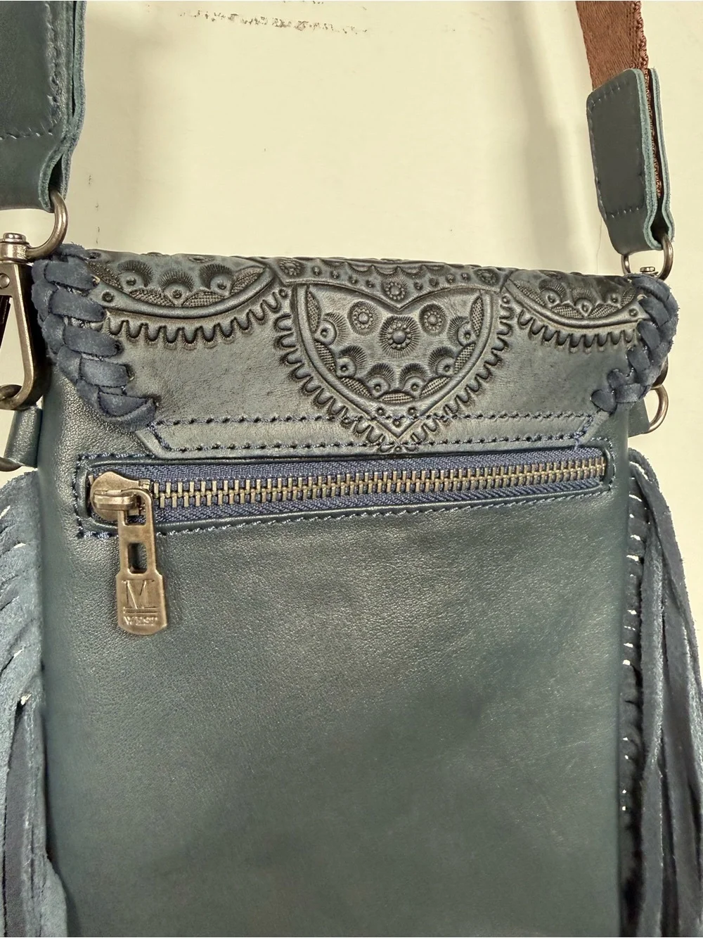 Montana West Navy Blue Genuine Leather Hand Tooled Mandala Fringe Crossbody Bag